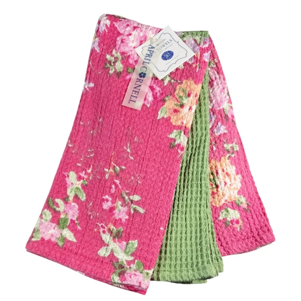 NEW ApriL Cornell COTTGE ROSE FLORAL PINK & GREEN Kitchen Towel Set/3